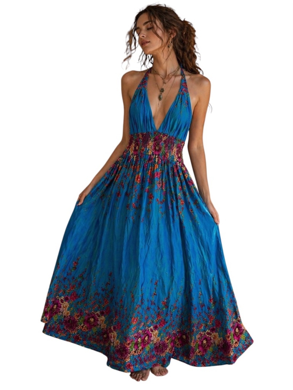Bohemian Deep V Halter Maxi Dress, Royal Blue with VIBRANT Floral Design, - Picture 5 of 7